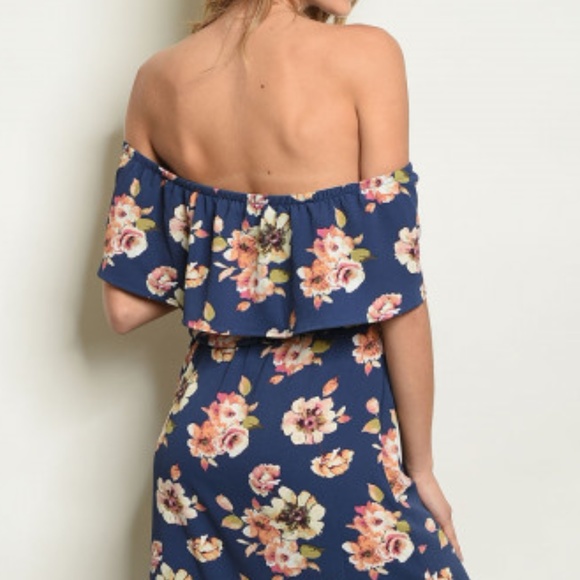 NAVY FLORAL OFF SHOULDER MAXI DRESS - Picture 3 of 8